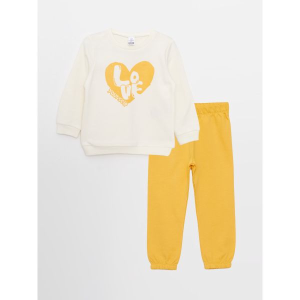 Crew Neck Long Sleeve Printed Baby Girl Sweatshirt and Trousers 2-Pack Set