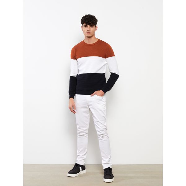 Crew Neck Long Sleeve Men's Tricot Sweater with Color Block