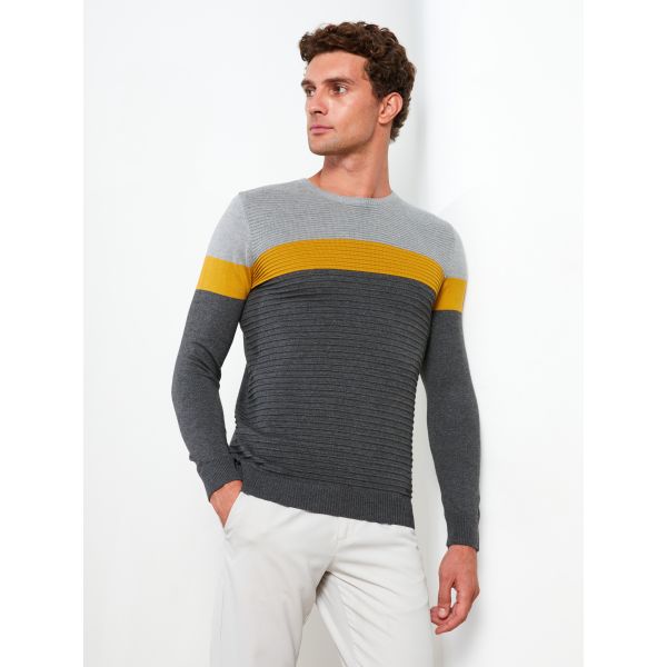 Crew Neck Long Sleeve Men's Tricot Sweater with Color Block