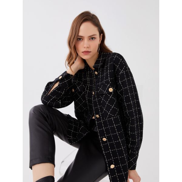 Patterned Long Sleeve Tweed Oversize Women's Shirt Jacket