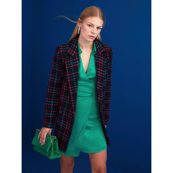 Front Button Closure Plaid Long Sleeve Tweed Women's Blazer Jacket