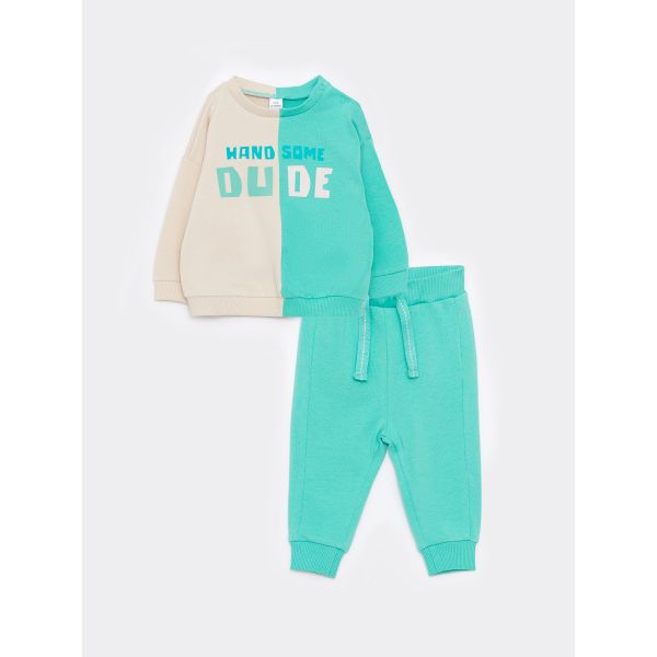 Crew Neck Long Sleeve Printed Baby Boy Sweatshirt and Trousers 2-Pack Set