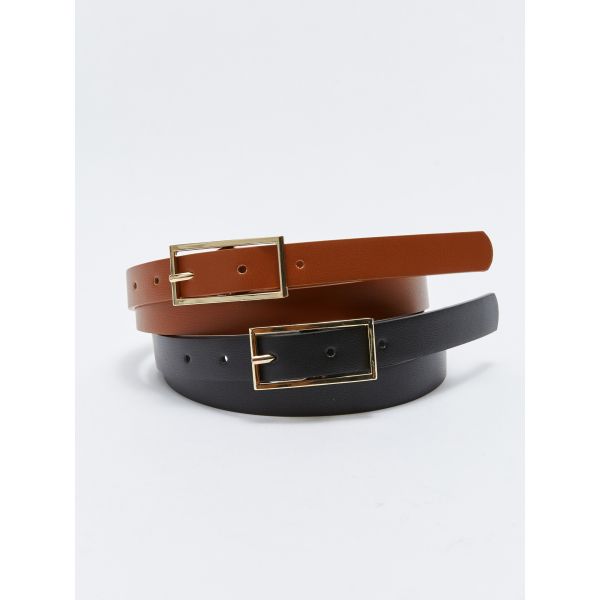 Leather Look Flat Thin Women's Belt 2-Pack