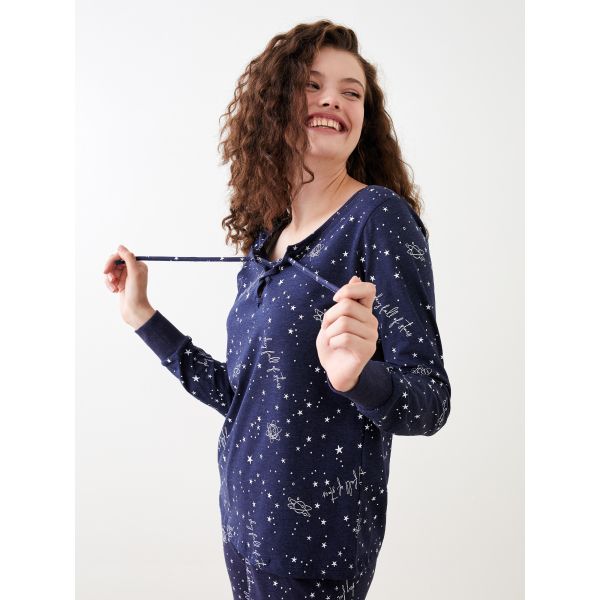 Tie Neck Patterned Long Sleeve Women's Pajama Set