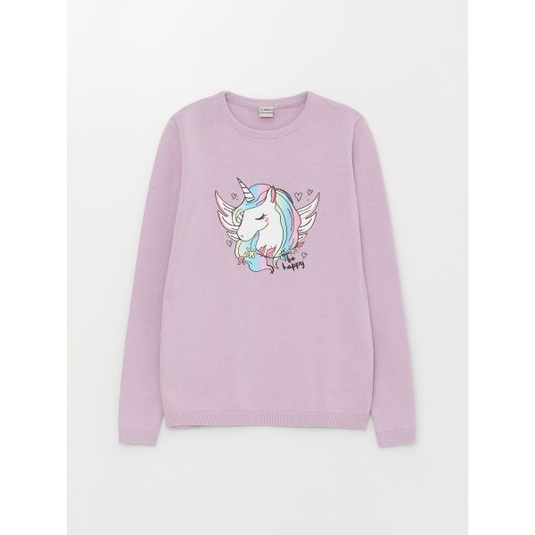 Crew Neck Printed Long Sleeve Girl Tricot Sweater