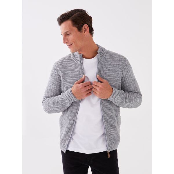 Standard Fit Turtle Neck Long Sleeve Men's Tricot Cardigan