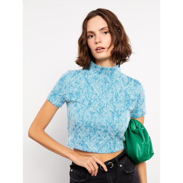 Half Turtleneck Patterned Short Sleeve Crop Women's Tricot Sweater