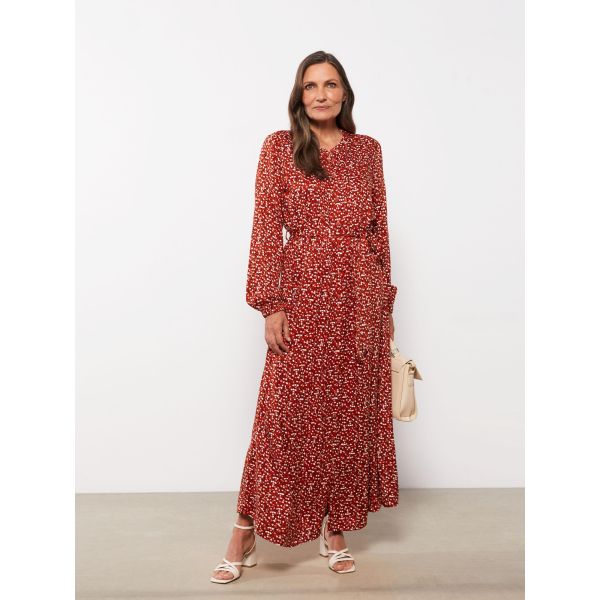 Crew Neck Patterned Long Sleeve A Cut Viscose Women's Dress