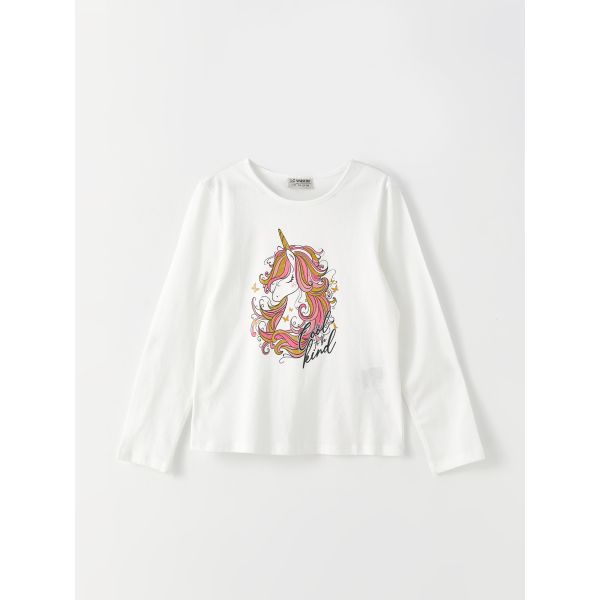 Crew Neck Printed Long Sleeve Cotton Girl T-shirt