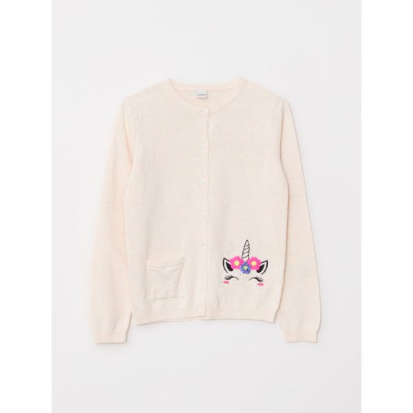 Crew Neck Embroidered Long Sleeve Girl Tricot Cardigan