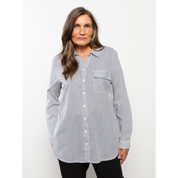 Striped Shirt Collar Long Sleeve Cotton Women's Tunic