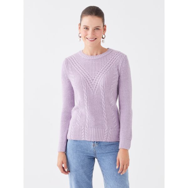 Crew Neck Ajour Long Sleeve Women's Tricot Sweater