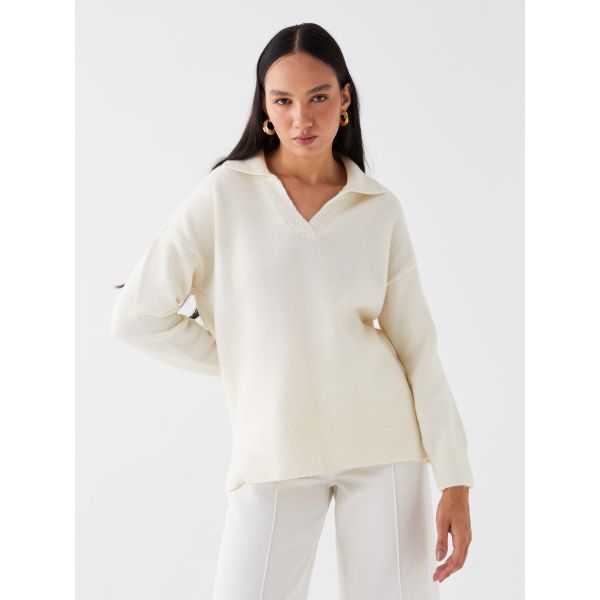 Polo Neck Plain Long-Sleeve Oversized Women's Knitwearwear Sweater