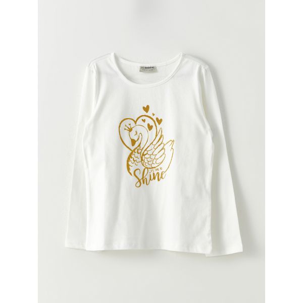 Crew Neck Printed Long Sleeve Cotton Girl T-shirt