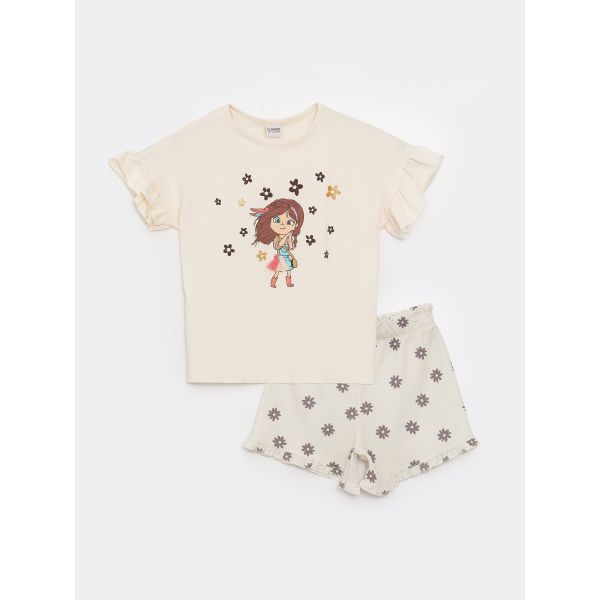 Crew Neck Printed Short Sleeve Girl's T-Shirt and Shorts