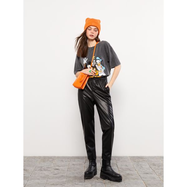 Elastic Waist Regular Faux Leather Women's Trousers