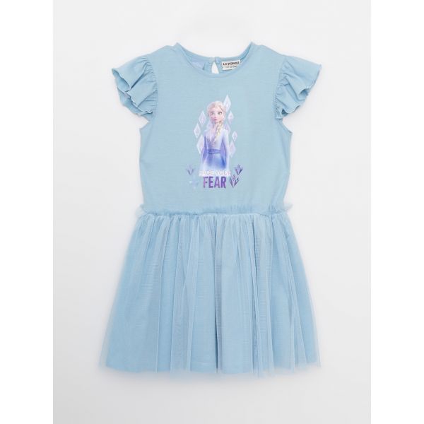 Crew Neck Elsa Printed Short Sleeve Girl Dress