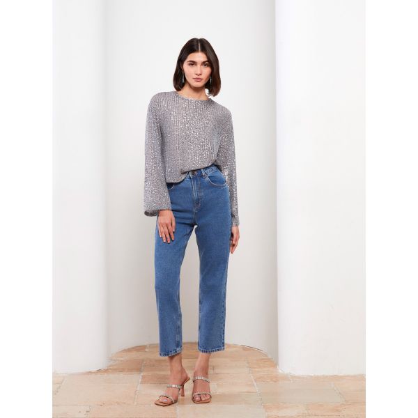 High Waisted Straight Fit Women's Denim Trousers