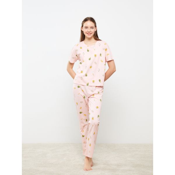 Crew Neck Patterned Short Sleeve Women's Pajamas Set