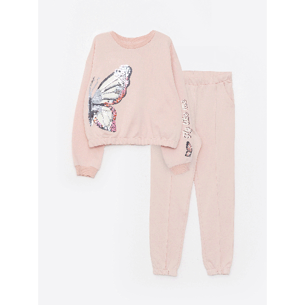 Crew Neck Printed Reversible Sequined Long Sleeve Girl's Sweatshirt and Sweatpants