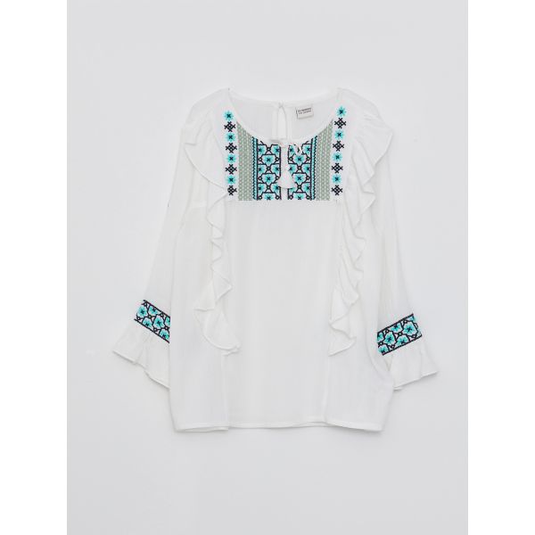 Crew Neck Embroidered Long Sleeve Viscose Girl's Blouse