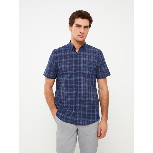 Regular Fit Short Sleeve Plaid Poplin Men's Shirt