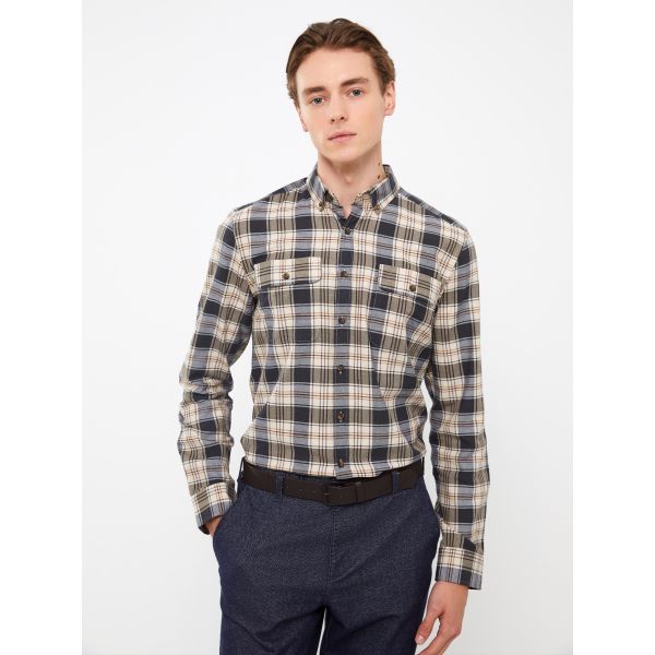 Regular Fit Long Sleeve Plaid Gabardine Men's Shirt