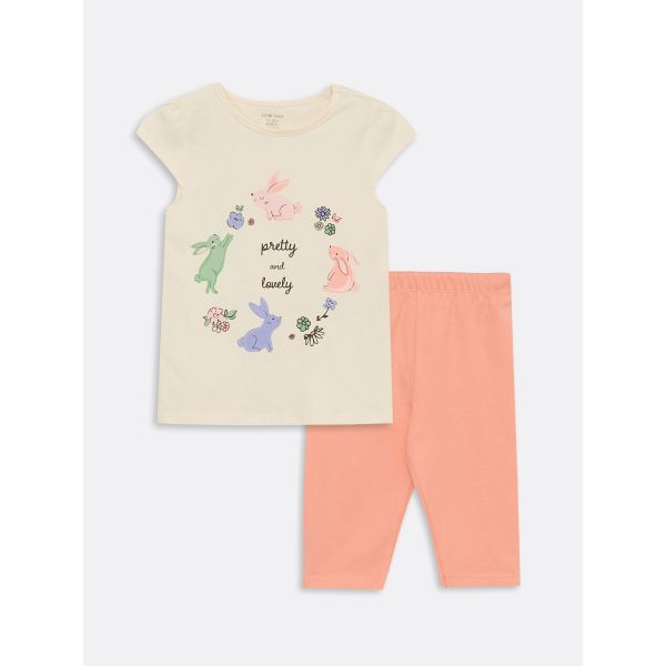 Crew Neck Printed Baby Girl Pajamas Set