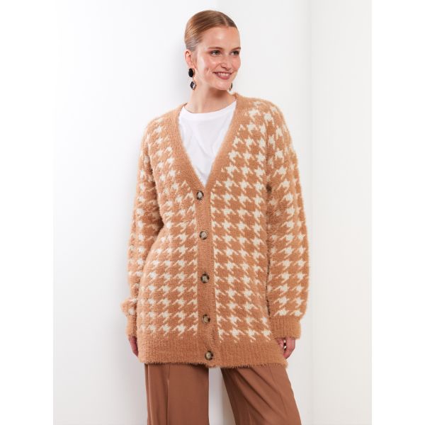 V Neck Patterned Long Sleeve Women's Tricot Cardigan