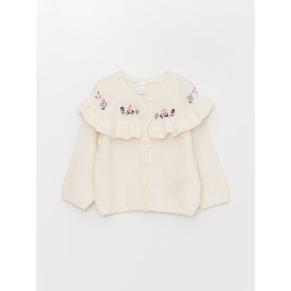 Crew Neck Floral Embroidered Baby Girl Knitwear Cardigan