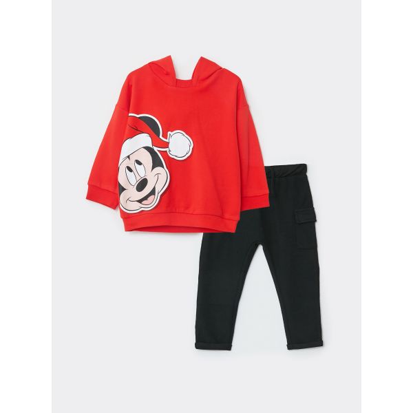 Hooded Long Sleeve Mickey Mouse Printed Baby Boy Sweatshirt and Tracksuit Bottom 2 Pack