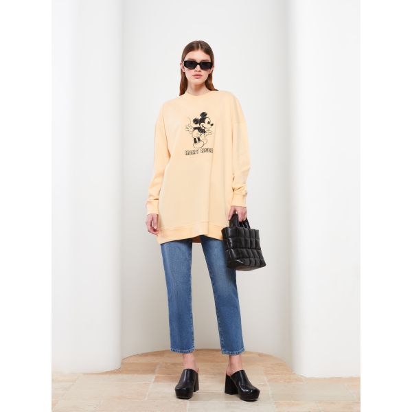 Crew Neck Mickey Mouse Printed Long Sleeve Cotton Tunic for Women