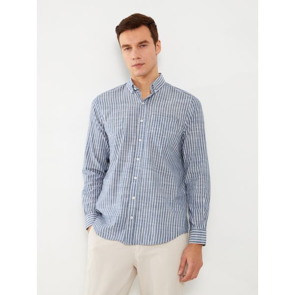 Regular Fit Long Sleeve Striped Poplin Men's Shirt