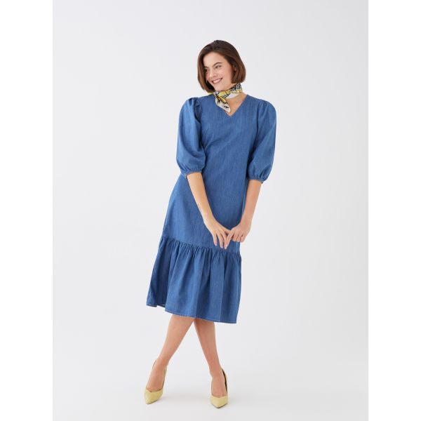 V-Neck Straight Balloon Sleeve Women's Jean Dress