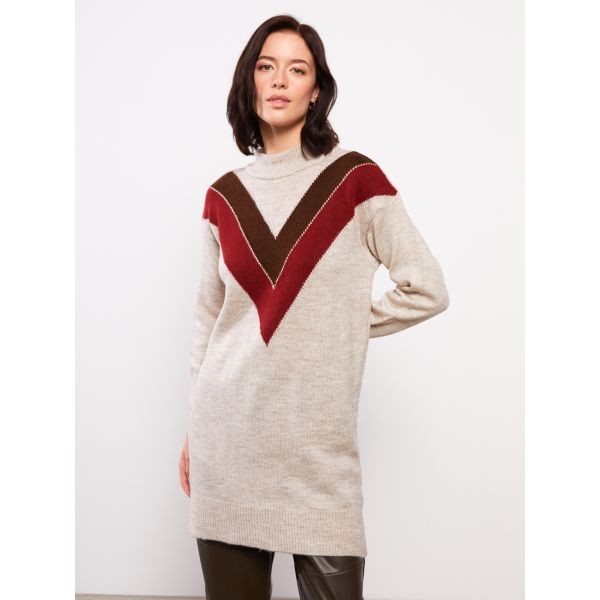 Turtle Neck Patterned Long Sleeve Women's Tricot Tunic