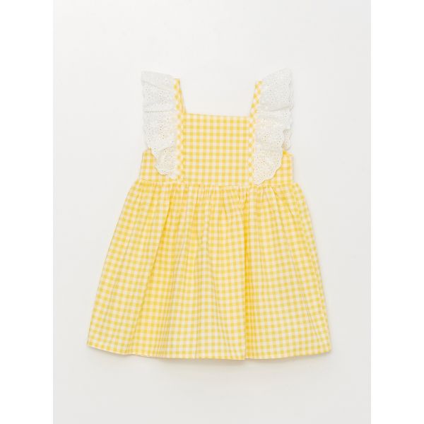 Square Neck Short Sleeve Check Patterned Baby Girl Dress