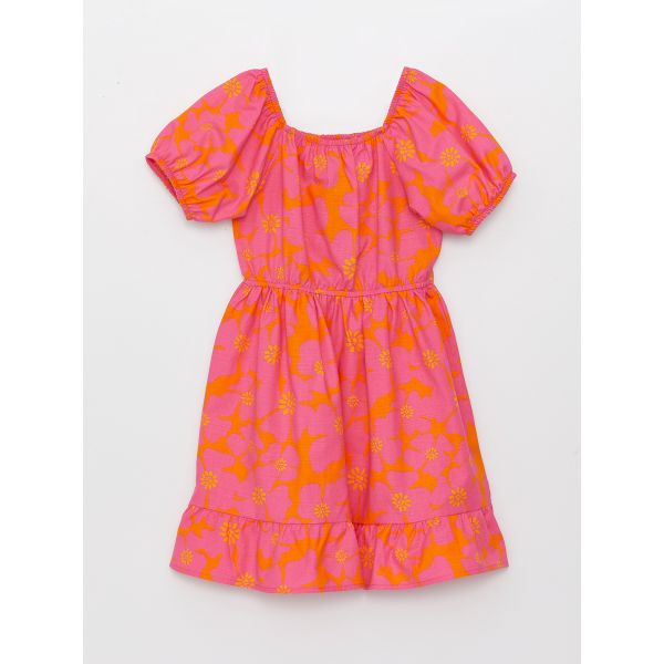 Square Neck Patterned Short Sleeve Girls' Dress