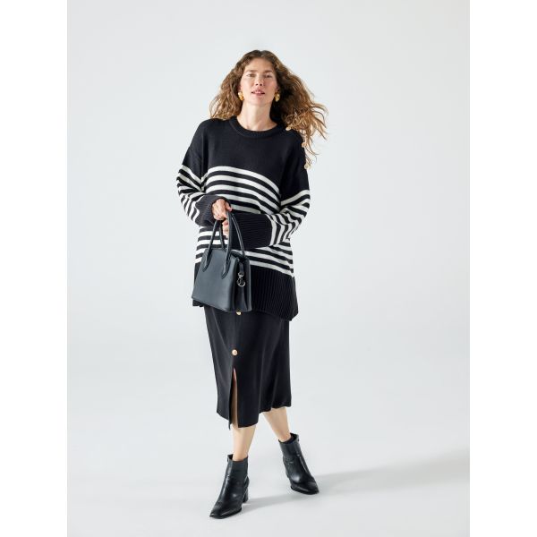 Crew Neck Striped Long Sleeve Oversize Women's Knitwear Sweater