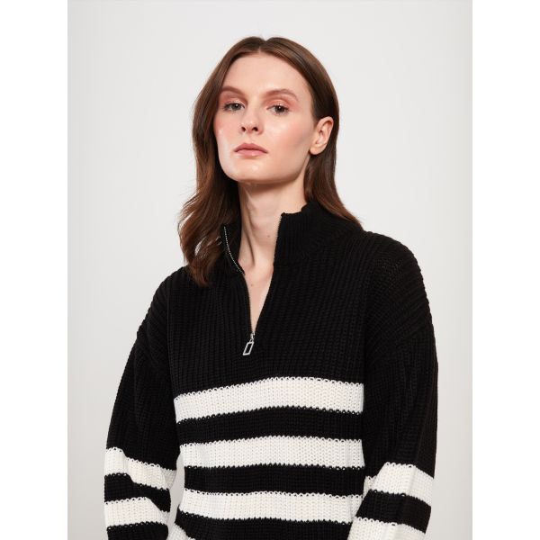 Turtle Neck Striped Long Sleeve Women's Tricot Sweater