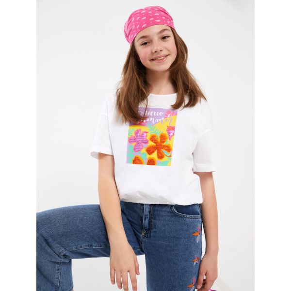 Crew Neck Printed Short Sleeve Girl T-shirt