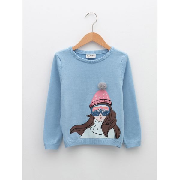 Crew Neck Printed Long Sleeve Girl Tricot Sweater