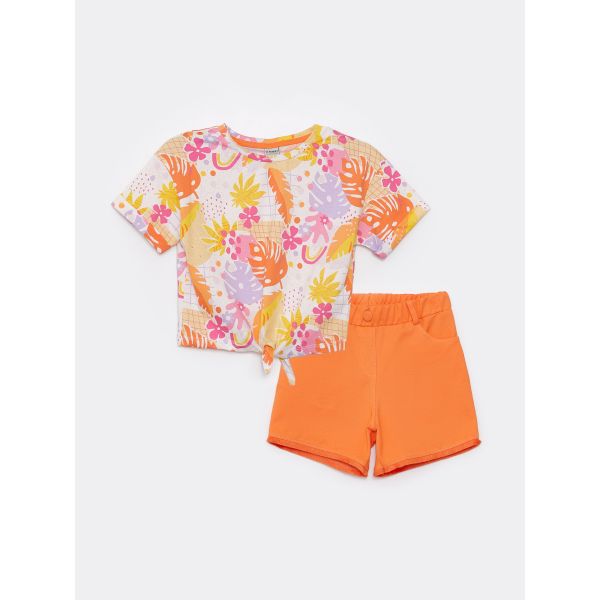 Crew Neck Printed Short Sleeve Girl's T-Shirt and Shorts