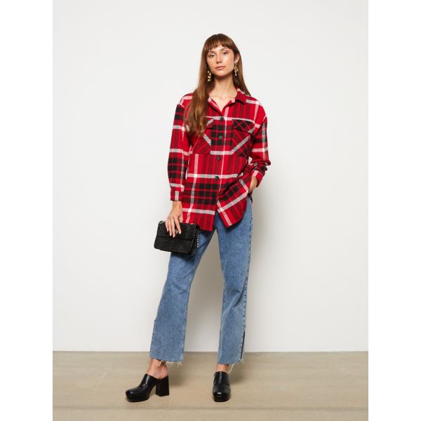 Buttoned Plaid Long Sleeve Gabardine Women's Shirt Jacket