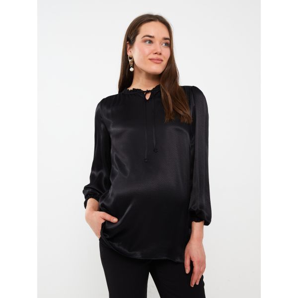 Tie Collar Self Patterned Long Sleeve Maternity Blouse