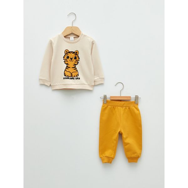 Crew Neck Long Sleeve Printed Baby Boy Sweatshirt and Trousers 2-Pack Set