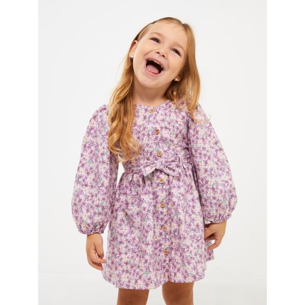 Crew Neck Long Sleeve Patterned Baby Girl Dress