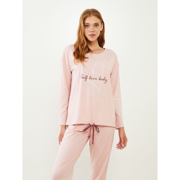 Crew Neck Printed Long Sleeve Cotton Women's Pajama Set