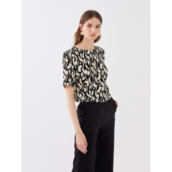 Crew Neck Patterned Short Sleeve Crop Women's Blouse