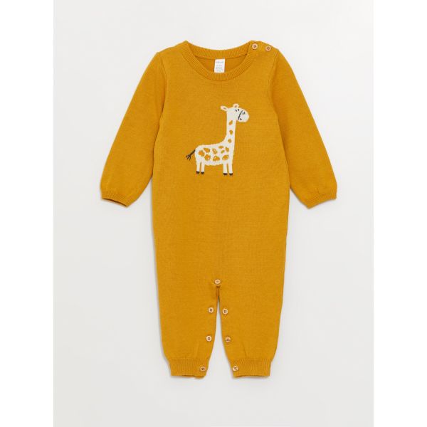 Crew Neck Long Sleeve Patterned Baby Boy Knitwear Jumpsuit