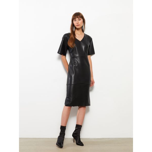 V-Neck Straight Short Sleeve Leather Look Women's Dress